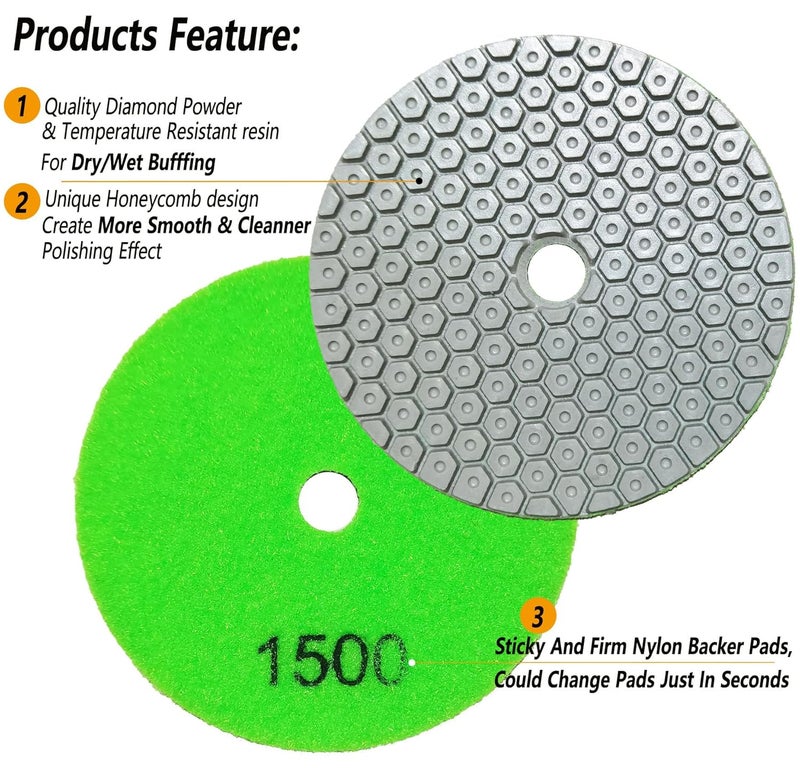 ANTENGDATOOL 4 Inch New Model Dry Diamond Polishing Pads, 11PCS Dry/Wet Marble Polish Pad Kit for Drill Grinder Polisher -Granite Buffing Pad for Concrete Countertop Quartz Stones - Image 5